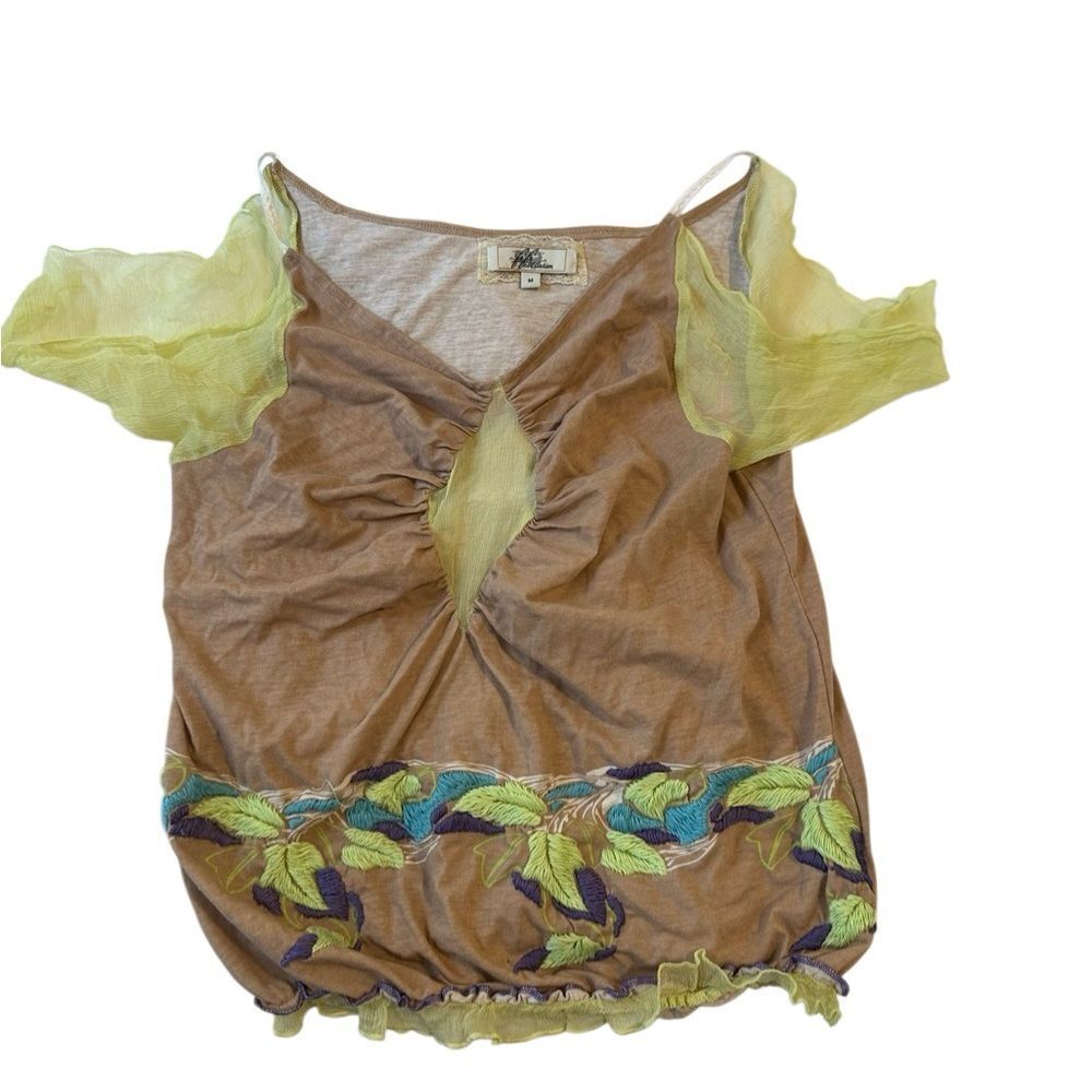 Free People Brown Blouse with Green Leaf Design